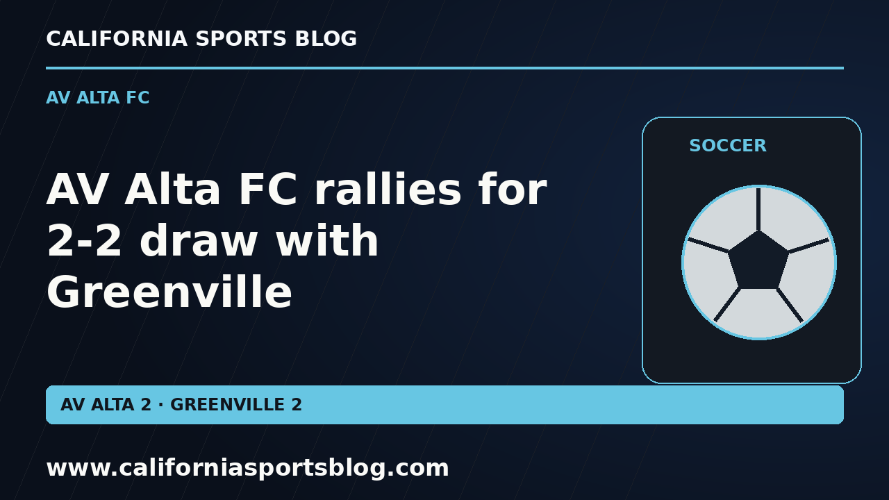 AV Alta FC rallies for 2-2 draw with Greenville — full headline graphic tagged www.californiasportsblog.com; no players depicted.