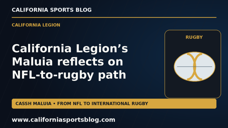 California Legion’s Maluia reflects on NFL-to-rugby path — full headline graphic tagged www.californiasportsblog.com; no players depicted.