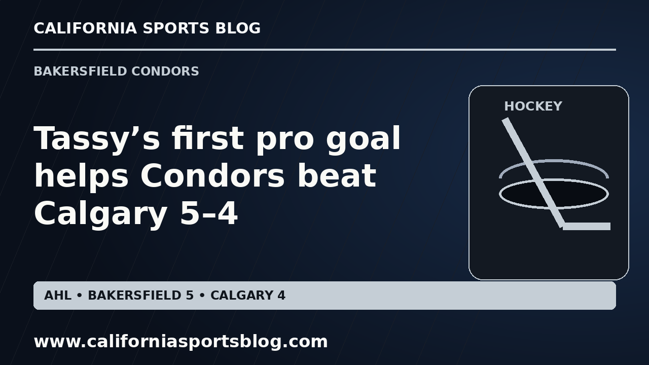 Tassy’s first pro goal helps Condors beat Calgary 5–4 — full headline graphic tagged www.californiasportsblog.com; no players depicted.