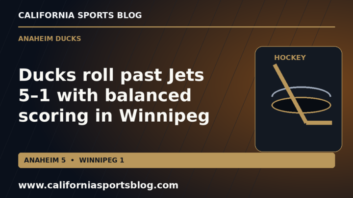 Full Ducks-Jets recap headline and 5–1 final score on an orange and gold hockey graphic tagged www.californiasportsblog.com; no players.