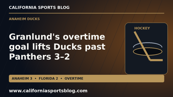Full Ducks-Panthers overtime-win headline and 3–2 score on an orange and gold hockey graphic with www.californiasportsblog.com; no players.