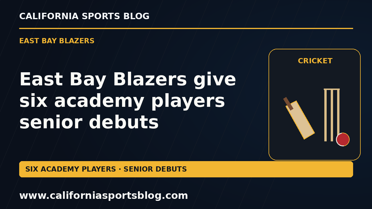 East Bay Blazers give six academy players senior debuts — full headline graphic tagged www.californiasportsblog.com; no players depicted.