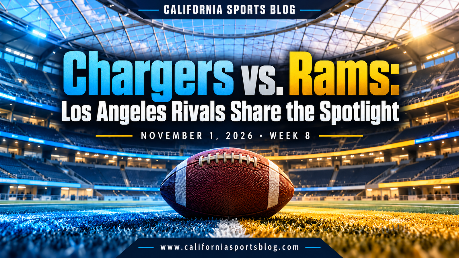 Chargers vs. Rams: Los Angeles Rivals Share the Spotlight — California Sports Blog graphic with a football and empty stadium; no players.