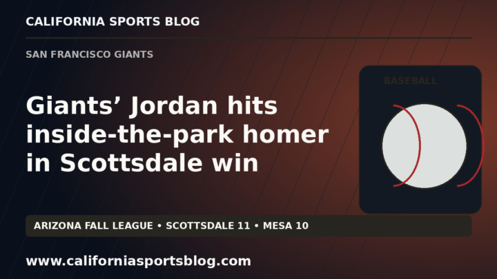 Giants’ Jordan hits inside-the-park homer in Scottsdale win — full headline graphic tagged www.californiasportsblog.com; no players depicted.