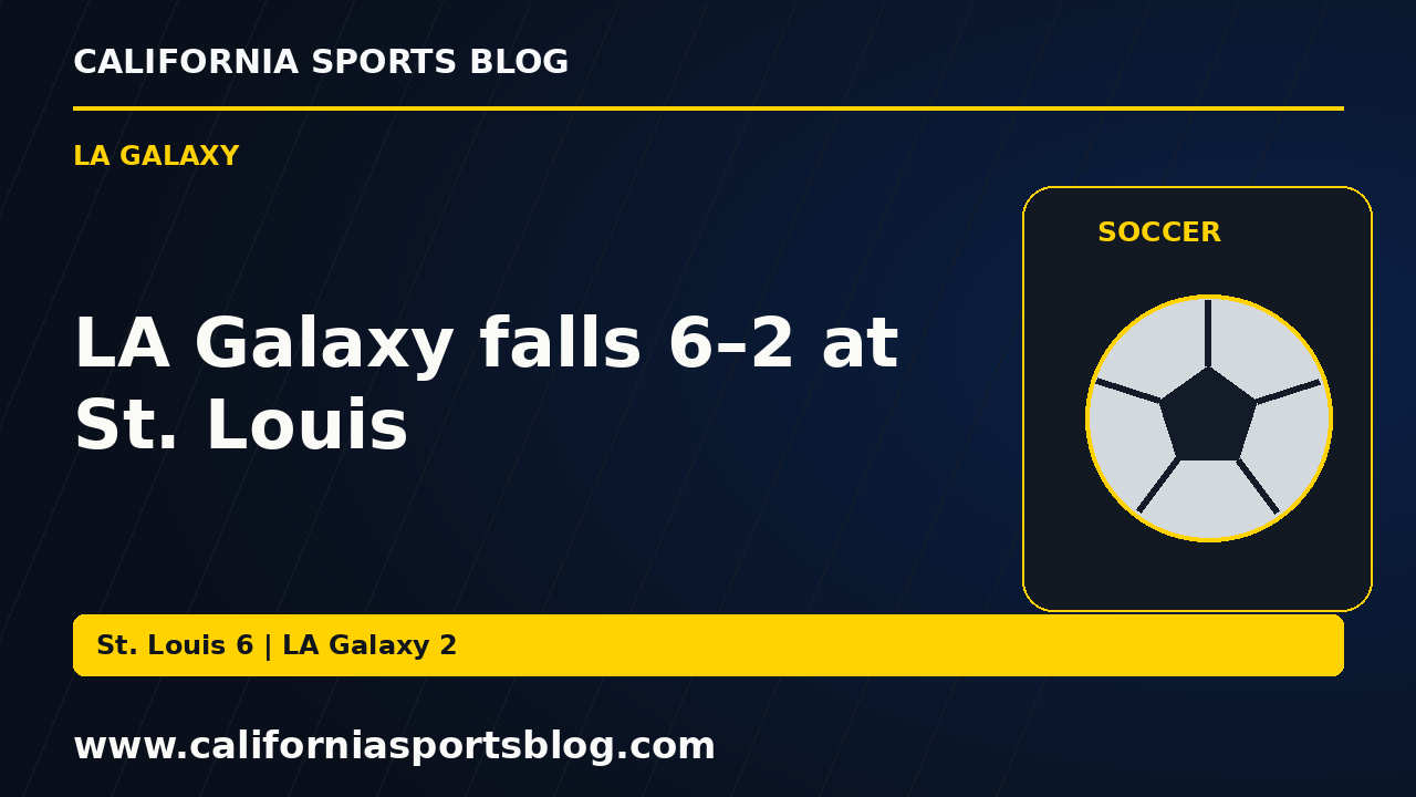 LA Galaxy falls 6–2 at St. Louis — full headline graphic tagged www.californiasportsblog.com; no players depicted.