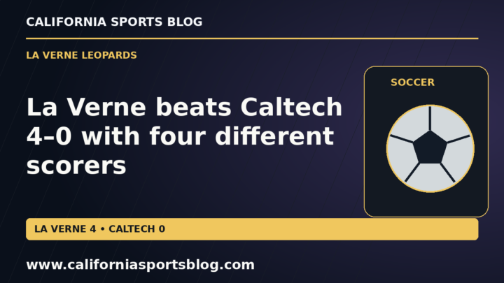 La Verne beats Caltech 4–0 with four different scorers — full headline graphic tagged www.californiasportsblog.com; no players depicted.