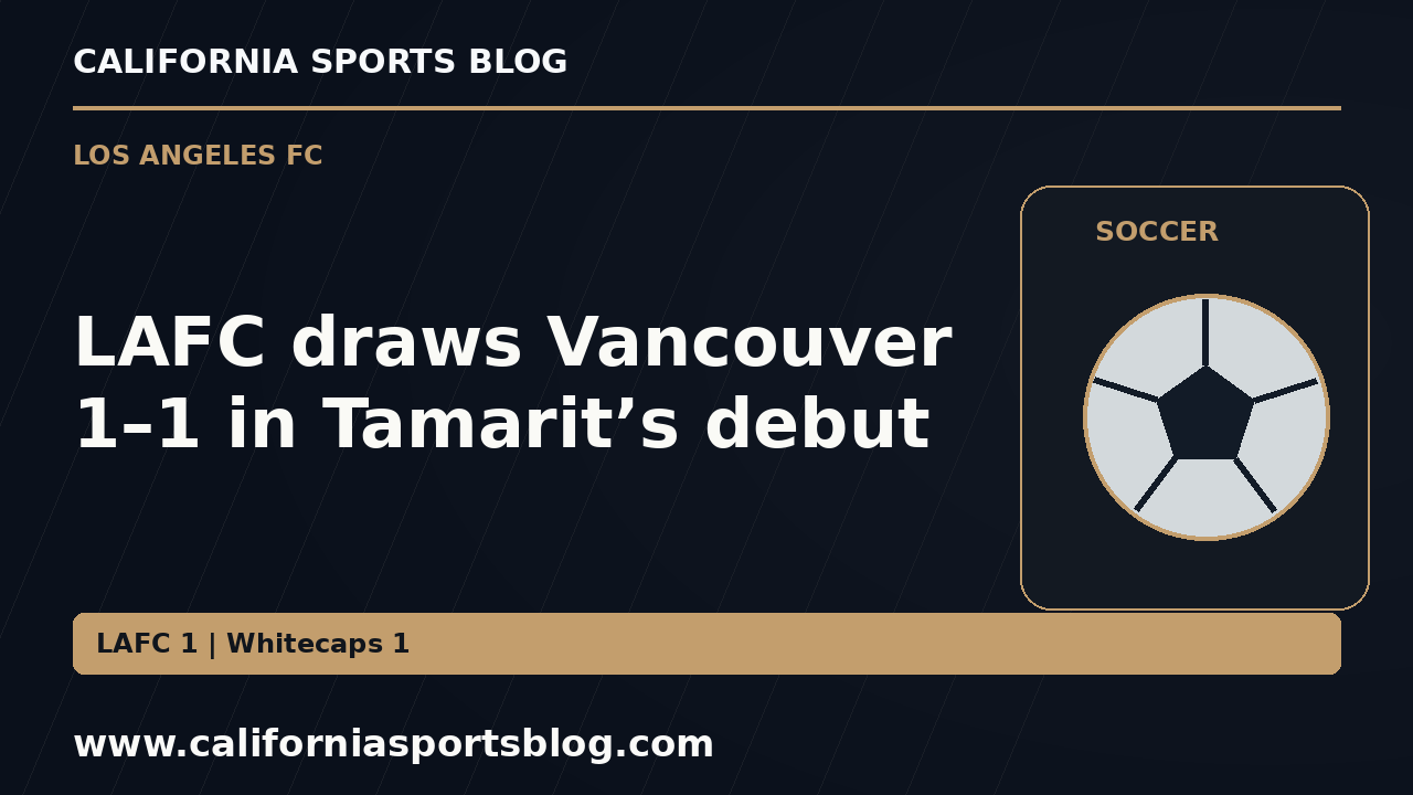 LAFC draws Vancouver 1–1 in Tamarit’s debut — full headline graphic tagged www.californiasportsblog.com; no players depicted.