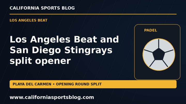 Los Angeles Beat and San Diego Stingrays split opener — full headline graphic tagged www.californiasportsblog.com; no players depicted.