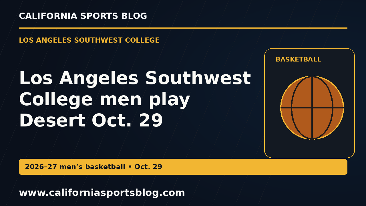 Los Angeles Southwest College men play Desert Oct. 29 — full headline graphic tagged www.californiasportsblog.com; no players depicted.