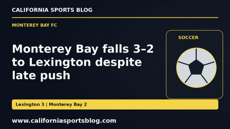 Monterey Bay falls 3–2 to Lexington despite late push — full headline graphic tagged www.californiasportsblog.com; no players depicted.