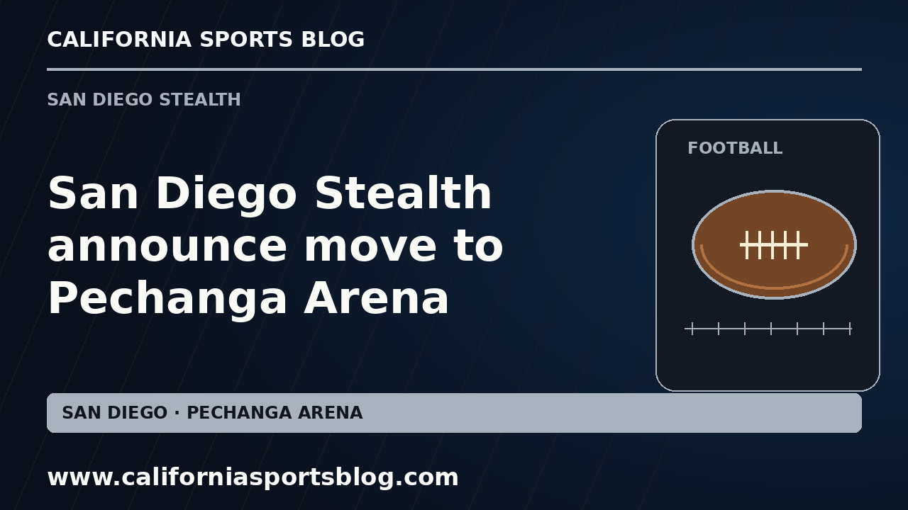 San Diego Stealth announce move to Pechanga Arena — full headline graphic tagged www.californiasportsblog.com; no players depicted.