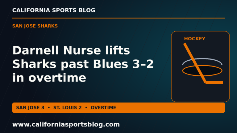 Full Darnell Nurse Sharks overtime-win headline and 3–2 score on a teal and orange hockey graphic with www.californiasportsblog.com; no players.