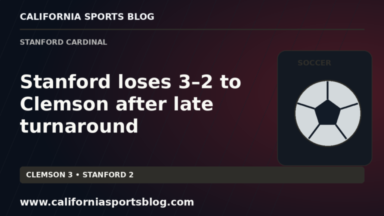 Stanford loses 3–2 to Clemson after late turnaround — full headline graphic tagged www.californiasportsblog.com; no players depicted.