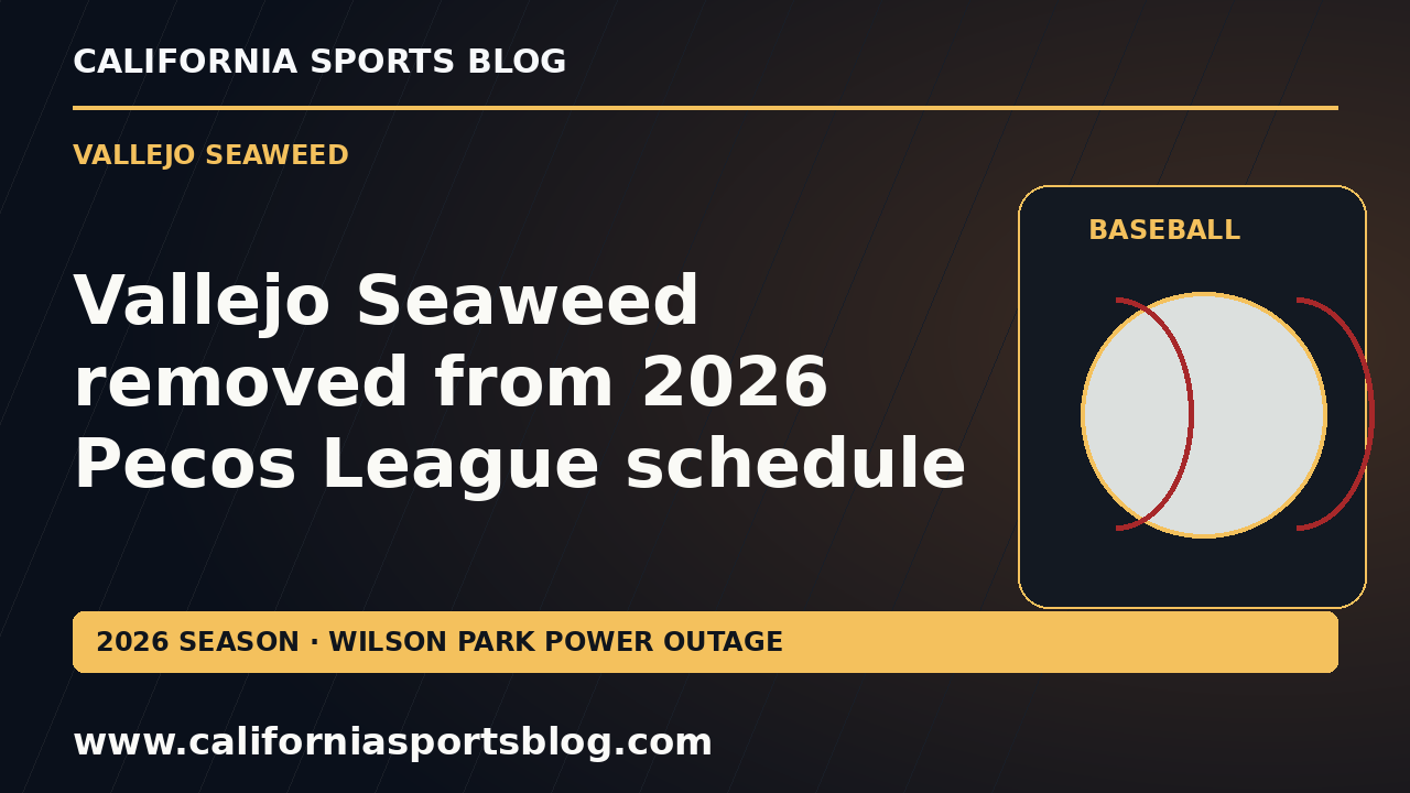 Vallejo Seaweed removed from 2026 Pecos League schedule — full headline graphic tagged www.californiasportsblog.com; no players depicted.