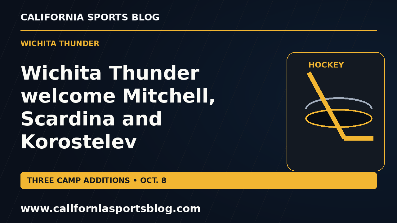 Wichita Thunder welcome Mitchell, Scardina and Korostelev — full headline graphic tagged www.californiasportsblog.com; no players depicted.